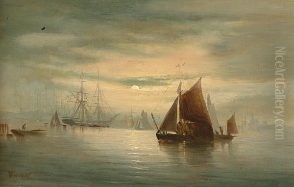 Shipping At Sunset Oil Painting by William A. Thornley Or Thornber