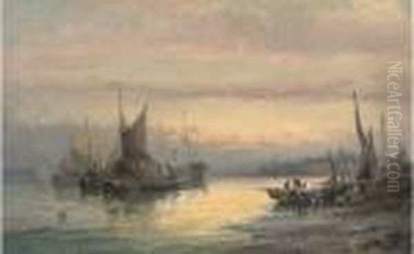 Unloading The Day's Catch At Dusk Oil Painting by William A. Thornley Or Thornber