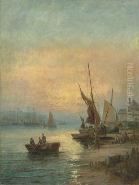 Fishing Boats Off Scarborough Oil Painting by William A. Thornley Or Thornber