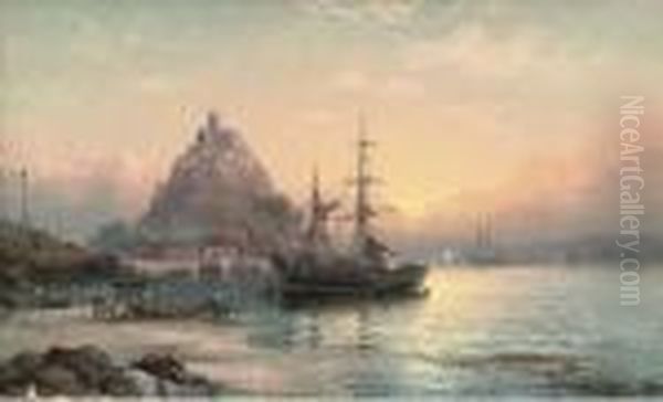 A Trading Brig At Anchor Before St. Michael's Oil Painting by William A. Thornley Or Thornber