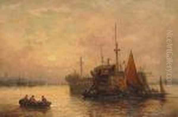 Tending The Hulk; And Figures On A Jetty Oil Painting by William A. Thornley Or Thornber