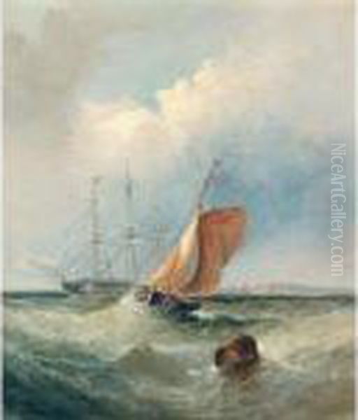 Shipping Rounding The Buoy Off The Coast; And A Pilot Boat Approaching A Vessel Oil Painting by William A. Thornley Or Thornber