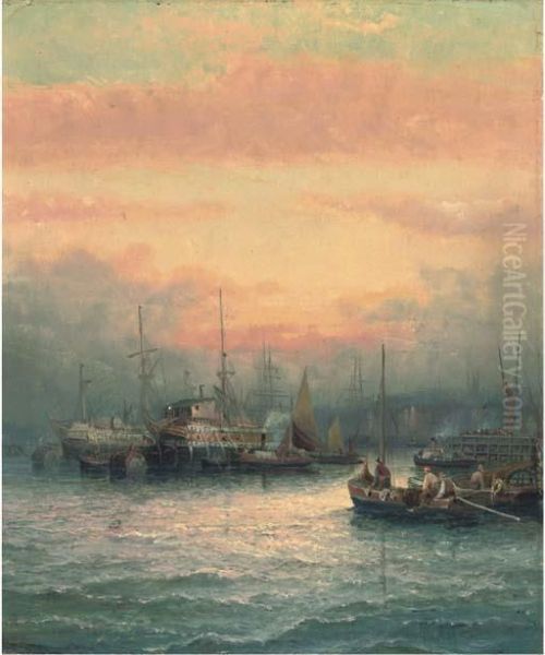 Hulks On The Medway At Dusk Oil Painting by William A. Thornley Or Thornber