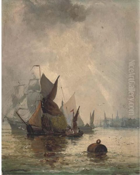 Hay Barges On The Medway (illustrated); And Figures Before Abeached Brig At Dusk Oil Painting by William A. Thornley Or Thornber