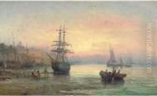 A Beached Brig At Rochester, Dusk Oil Painting by William A. Thornley Or Thornber