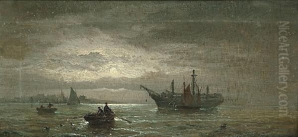 A Moonlit Marine Scene Oil Painting by William A. Thornley Or Thornber