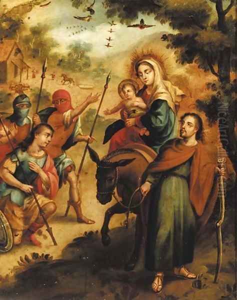 The Flight into Egypt with Roman legionnaires adoring the Christ Child Oil Painting by Spanish Colonial School