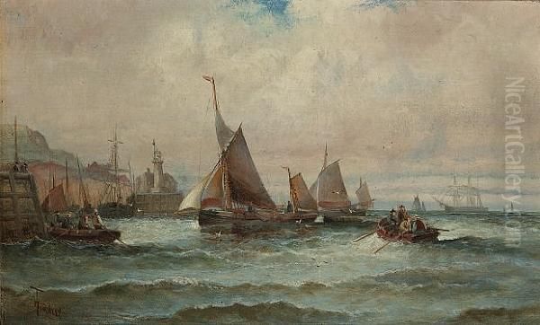 Fishing Boats Making For Harbour, Scarborough Oil Painting by William A. Thornley Or Thornber