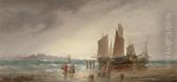 Coastal Scene With Fisherfolk Oil Painting by William A. Thornley Or Thornber