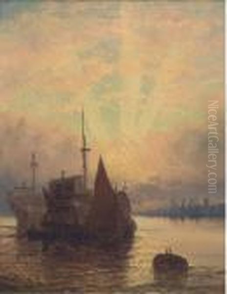 Old Hulks On The Medway At Dusk Oil Painting by William A. Thornley Or Thornber