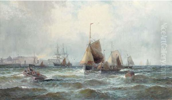 Shipping In The Channel Off The 
South Coast (illustrated); Andcrowded Waters Off The Harbour Mouth Oil Painting by William A. Thornley Or Thornber