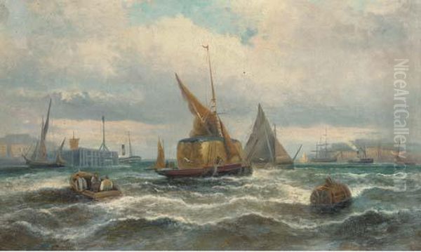 Hay Barges And Other Shipping In The Harbour Oil Painting by William A. Thornley Or Thornber