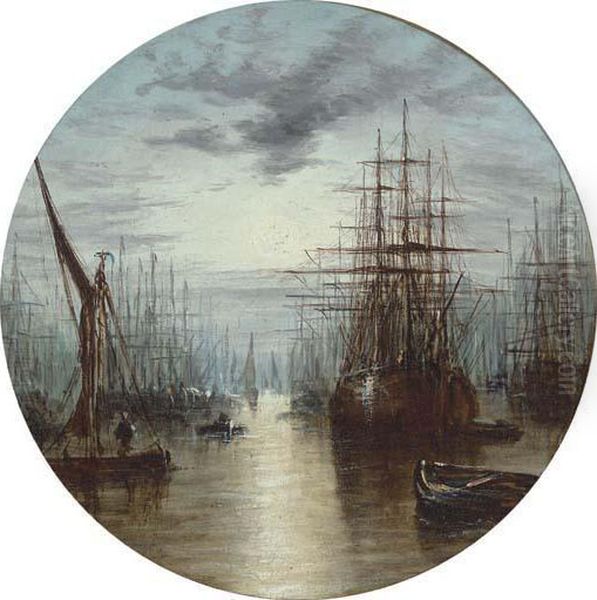 A Moonlit Harbour Oil Painting by William A. Thornley Or Thornber