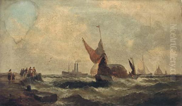 Shipping In A Swell; And Shipping Coming Into A Quay Oil Painting by William A. Thornley Or Thornber