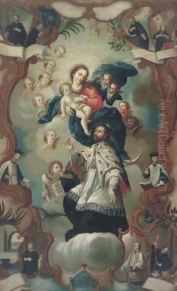 The Virgin and Child enthroned surrounded by saints Oil Painting by Spanish Colonial School