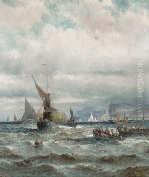 Haybarges And Other Shipping Off Ramsgate Oil Painting by William A. Thornley Or Thornber