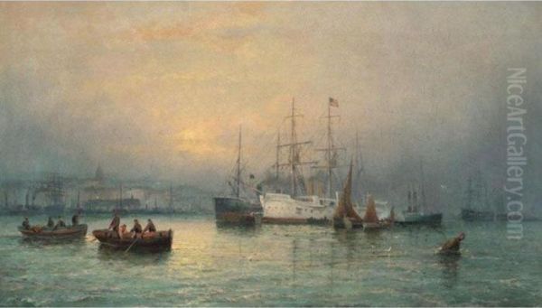 Harbour Scene With Steamboat Oil Painting by William A. Thornley Or Thornber