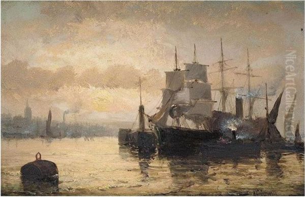 Shipping In Harbour Oil Painting by William A. Thornley Or Thornber