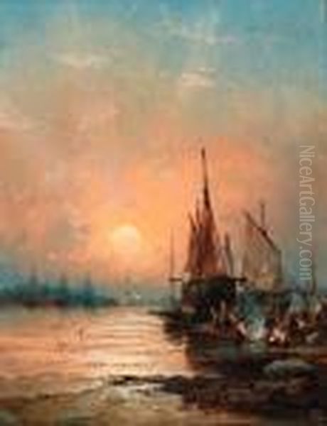 Dusk On The River; And The Port By Moonlight Oil Painting by William A. Thornley Or Thornber