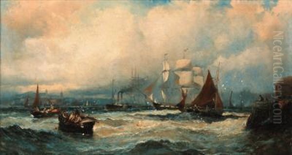 A Paddlesteamer And Three Master Running Down The Thames Atgravesend Oil Painting by William A. Thornley Or Thornber