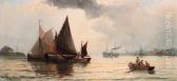 Barges On A River Estuary; And Beached Fishing Boats Bymoonlight Oil Painting by William A. Thornley Or Thornber