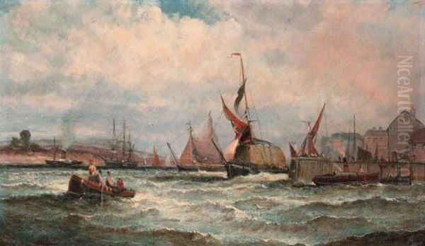 North Shields Fishing Boats On The Beach; And Hay Barges On Anincoming Tide Oil Painting by William A. Thornley Or Thornber