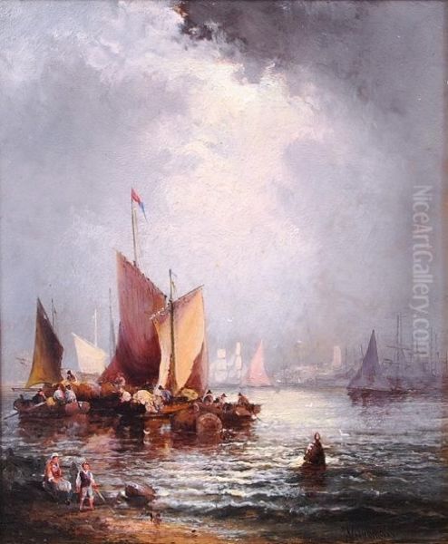 Unloading The Cargo Under Moonlight Oil Painting by William Georges Thornley