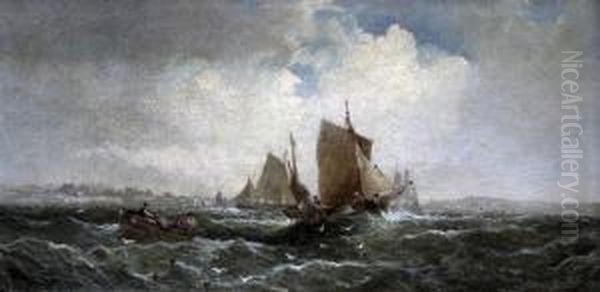 Fishing Boats Off The Coast Oil Painting by William Georges Thornley