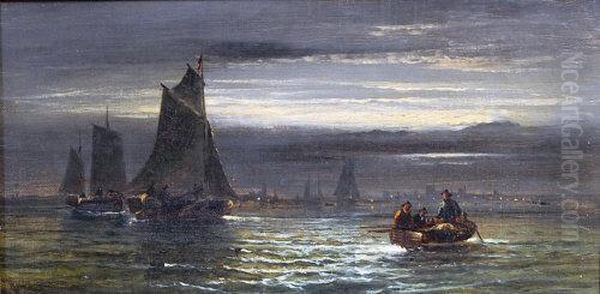 Sailing And Rowing Boats In The Moonlight Oil Painting by William Georges Thornley