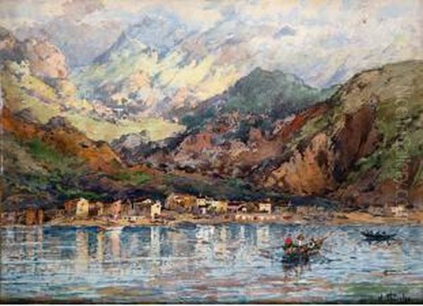 Village De Pecheurs Au Bord D'un Lac Italien. Oil Painting by William Georges Thornley