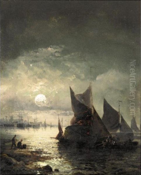 Boats In Moonlight Oil Painting by William Georges Thornley