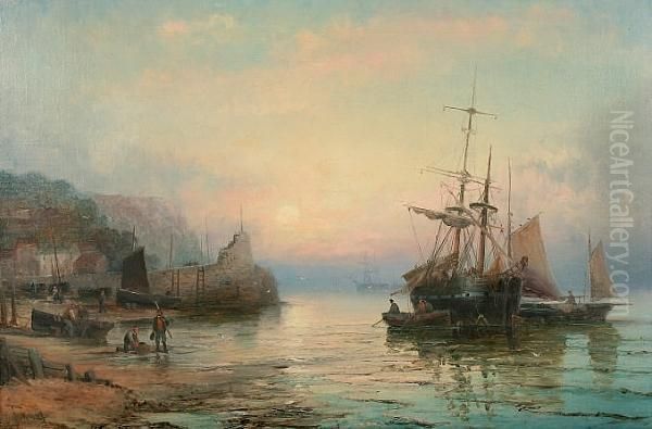 Coastal Scene With Moored Fishing Boats And Fisherfolk On The Shore Oil Painting by William Georges Thornley