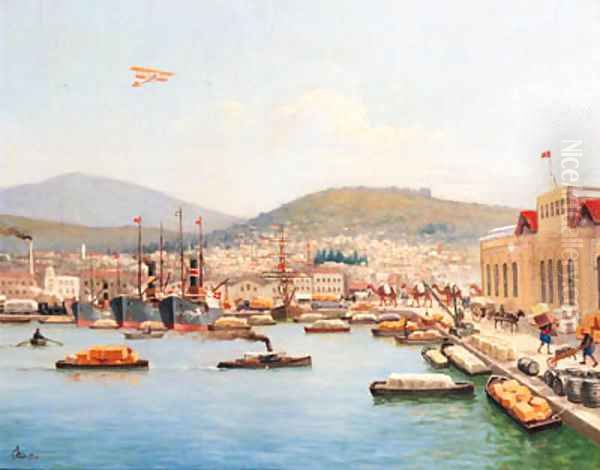 A Turkish harbour scene Oil Painting by Turkish School