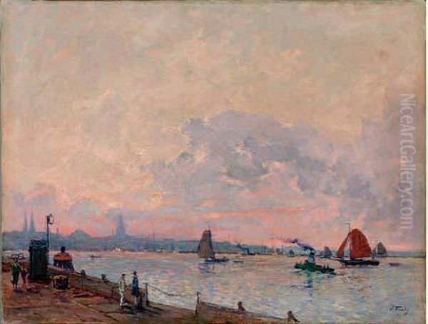 Vue Du Port D'amsterdam, Circa 1897 Oil Painting by William Georges Thornley