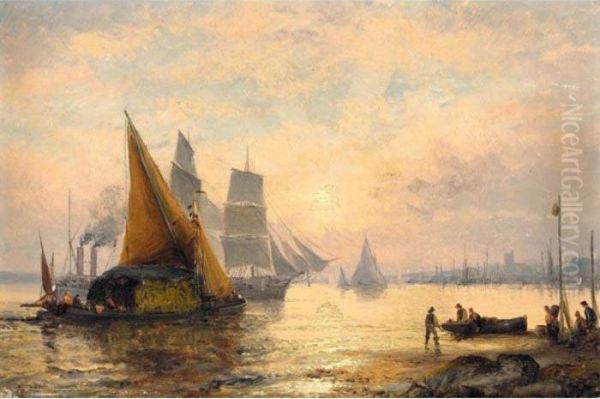 A River Landscape With A Barge Transporting Cargo; And Vessels On The River At Sunset Oil Painting by William Georges Thornley