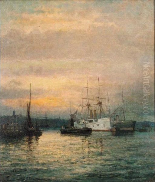 U.s.s. Chicago Off Gravesend Oil Painting by William Georges Thornley