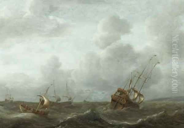 A frigate and other shipping in a stiff breeze Oil Painting by Aernout Smit