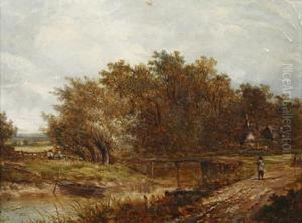 River Landscape, With Figure Approaching A Wooden Bridge Oil Painting by Joseph Thors