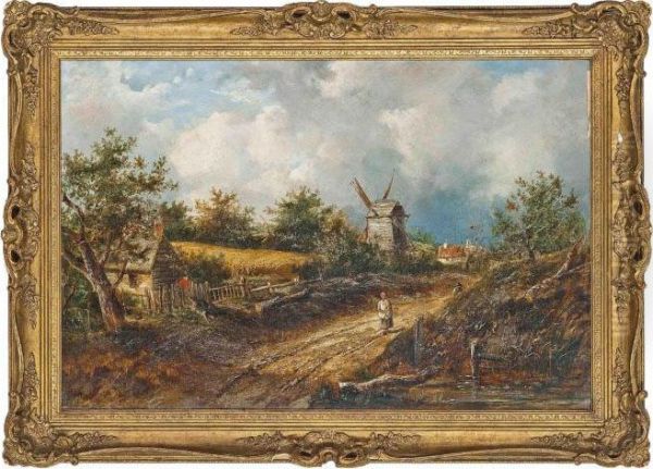 Rustics On A Track Before A Windmill Oil Painting by Joseph Thors