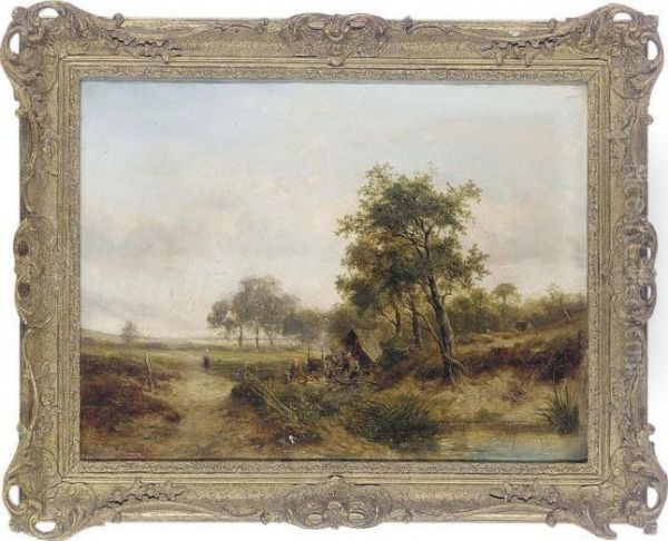 Figures Beside A Pond Oil Painting by Joseph Thors