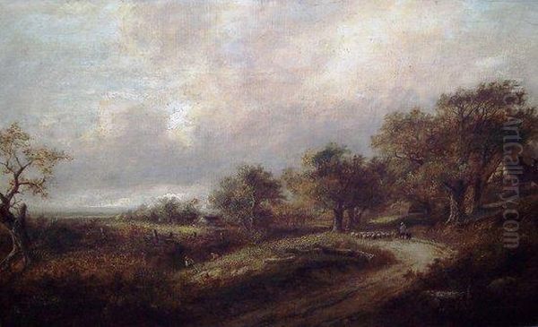 Shepherd And Flock On Country Road Oil Painting by Joseph Thors