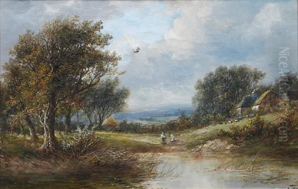 Figures And Sheep In A Landscape; Oil Painting by Joseph Thors