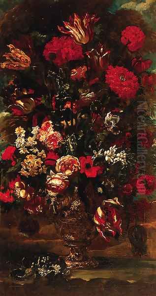 Flowers in a sculpted urn in a landscape Oil Painting by Andrea Scacciati