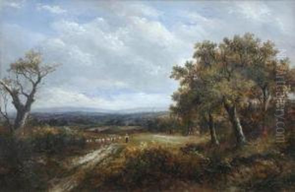 A Shepherd With Sheep In A Wooded Landscape Oil Painting by Joseph Thors