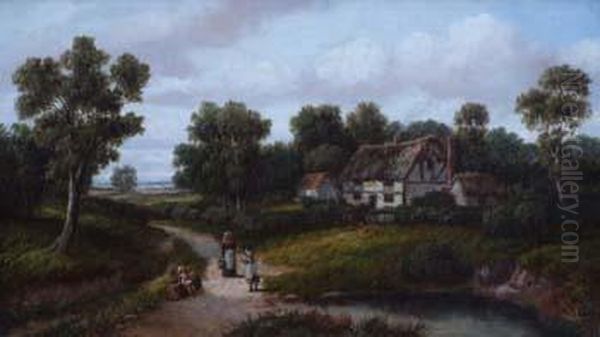 Rural View With Figuresand Cottage Oil Painting by Joseph Thors