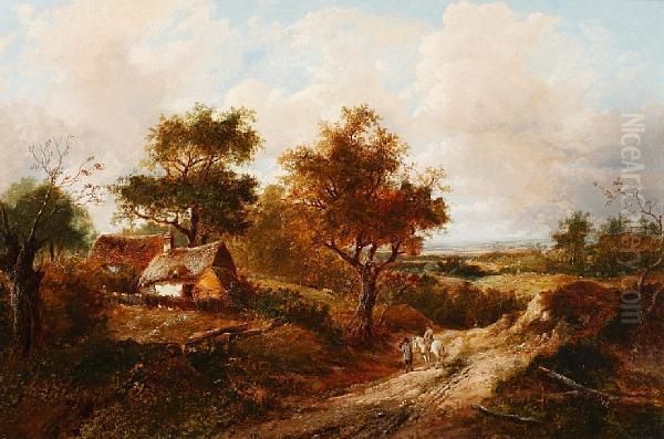 Extensive Country Landscape With Cottages,figures And Horse And Rider On A Track Oil Painting by Joseph Thors