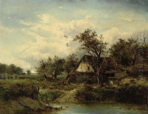 Children Playing Beside A Pond With A Cottage Beyond Oil Painting by Joseph Thors