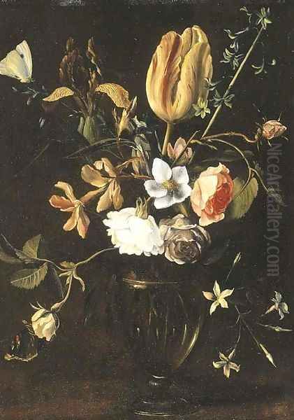 Roses, an iris, a tulip, jasmine and other flowers in a facon de Venise glass on a ledge with butterflies Oil Painting by Daniel Seghers