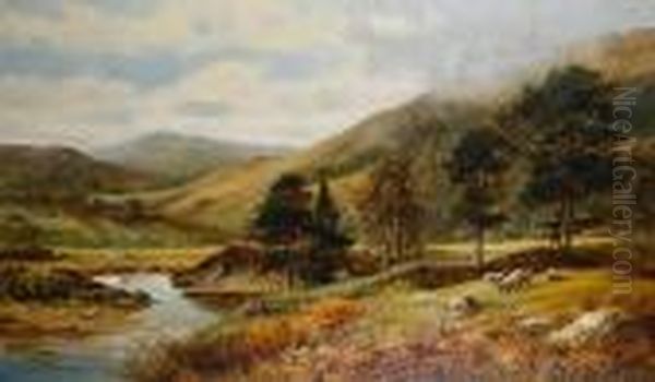 An Angler By A River With Sheep Grazing In Anearby Field Oil Painting by Joseph Thors