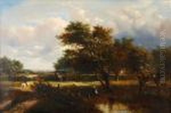 Boys Fishing By Apond Oil Painting by Joseph Thors